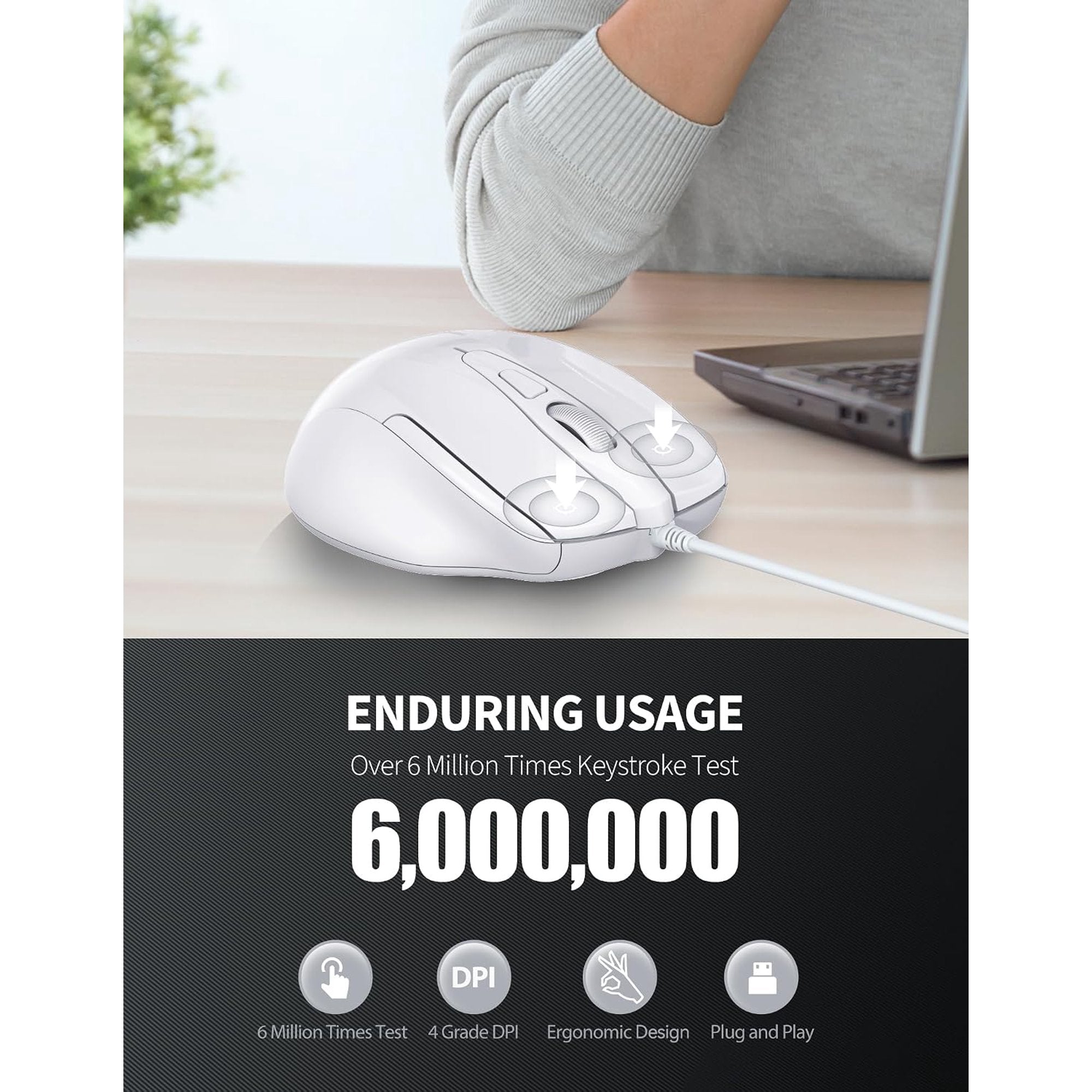 TECKNET Wired Mouse, 6-Button Corded with 4 Adjustable DPI, Optical Ergonomic Design, 8FT Cord for Laptop, Chromebook, PC, Desktop, Mac, Notebook - White