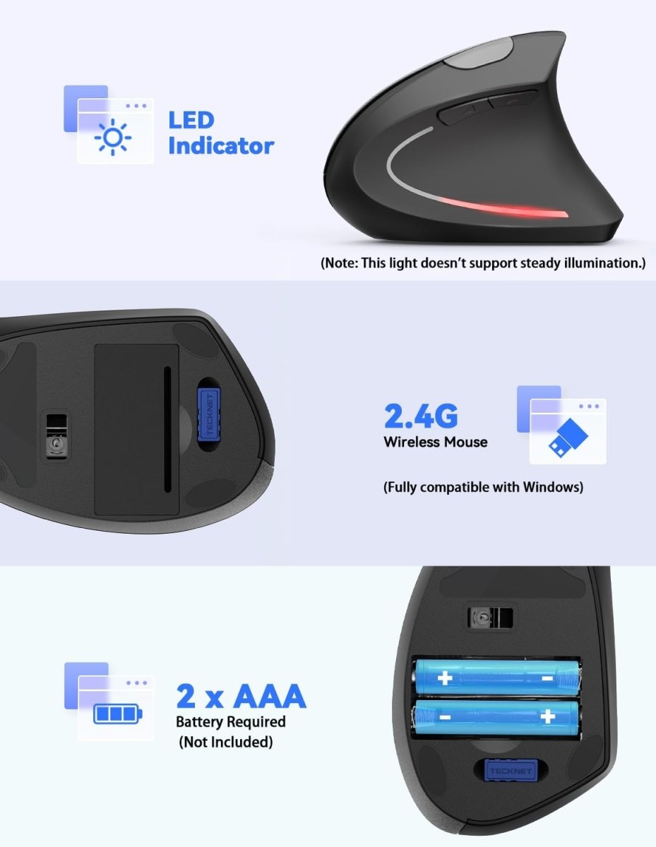 TECKNETTECKNET 2.4G Ergonomic Mouse Vertical Wireless - 4800 DPI Optical Carpal Tunnel Mouse Right Hand, 5 Adjustable DPI, Quiet Clicks, 6 Buttons for Laptop, Desktop, PC, Computer - Black - [Color/Material] [Main Feature] for [Target Device/Scenario]