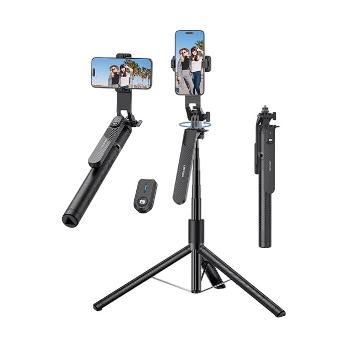 Black smartphone tripod with two phone holders on a white background
