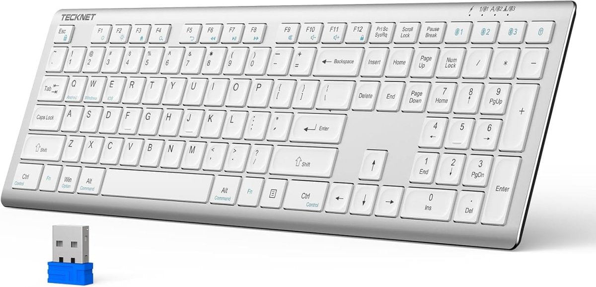 TECKNETTECKNET Bluetooth Keyboard Rechargeable, 4 - Device Free Switching (2.4G+BT), Ultra - Slim Full Size Wireless Keyboard, Quiet Typing, for PC/Laptop/Smart TV/Phone, Adjustable Stand, 12 Multimedia Keys - [Color/Material] [Main Feature] for [Target Device/Scenario]