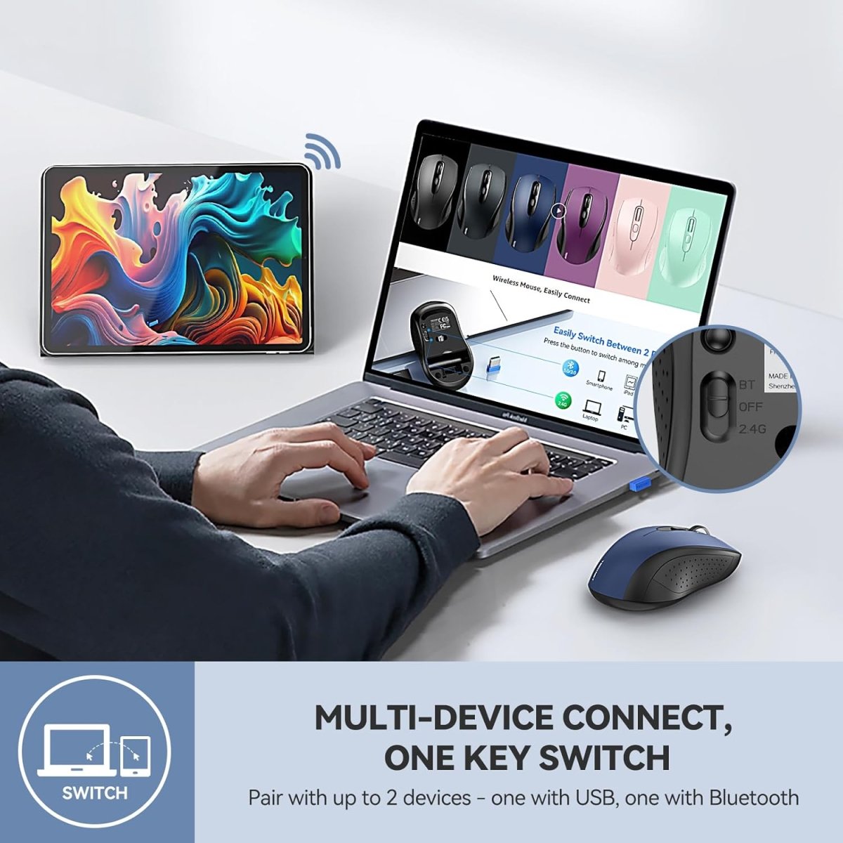 TECKNETTECKNET Bluetooth Mouse, 4000DPI Wireless Mice for Laptop 2 - in - 1(BT 5.0/3.0+2.4Ghz) Computer Mouse with USB Receiver for Mac (USB - A+Bluetooth, Blue) - [Color/Material] [Main Feature] for [Target Device/Scenario]