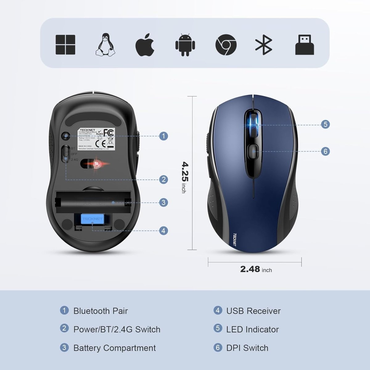 TECKNETTECKNET Bluetooth Mouse, 4000DPI Wireless Mice for Laptop 2 - in - 1(BT 5.0/3.0+2.4Ghz) Computer Mouse with USB Receiver for Mac (USB - A+Bluetooth, Blue) - [Color/Material] [Main Feature] for [Target Device/Scenario]