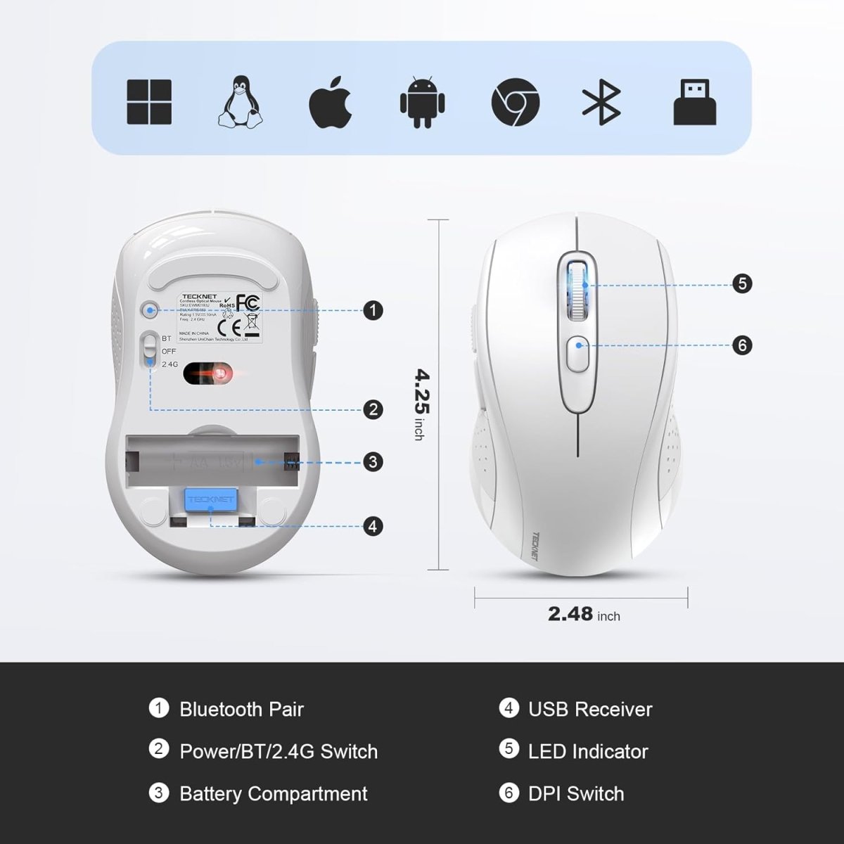 TECKNETTECKNET Bluetooth Mouse, 4000DPI Wireless Mice for Laptop 2 - in - 1(BT 5.0/3.0+2.4Ghz) Computer Portable PC Mouse Wireless with USB Receiver for Mac (USB - A+Bluetooth, White) - [Color/Material] [Main Feature] for [Target Device/Scenario]