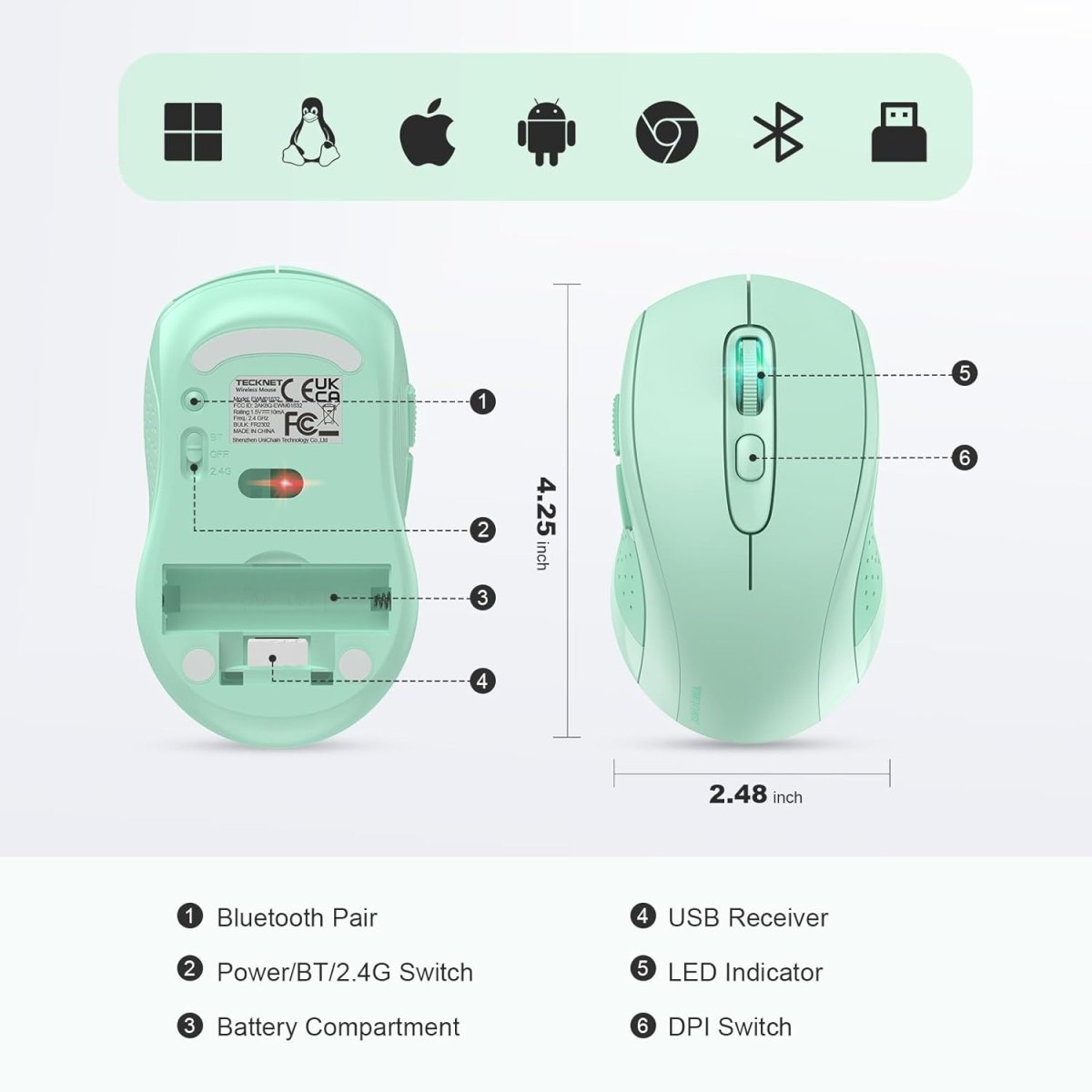 TECKNETTECKNET Bluetooth Mouse, 4000DPI Wireless Mice for Laptop 2 - in - 1(BT 5.0/3.0+2.4Ghz) Computer Portable PC Mouse Wireless with USB Receiver for Mac (USB - A+Bluetooth, Green) - [Color/Material] [Main Feature] for [Target Device/Scenario]