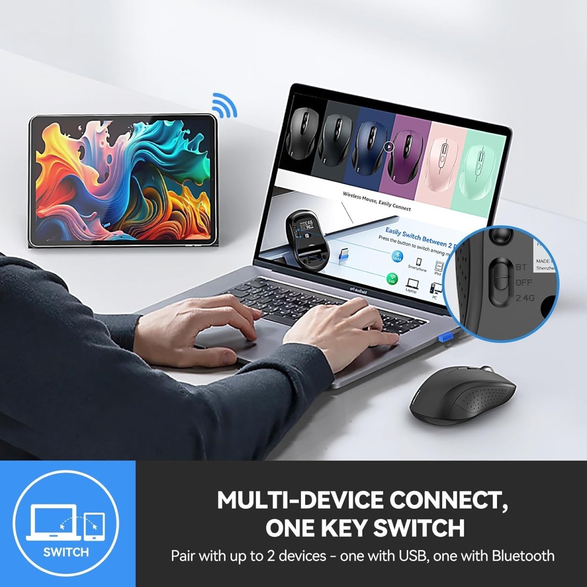 TECKNETTECKNET Bluetooth Mouse, 4000DPI Wireless Mice for Laptop 2 - in - 1(BT 5.0/3.0+2.4Ghz) Computer Portable PC Mouse Wireless with USB Receiver for Mac (USB - A+Bluetooth, Black) - [Color/Material] [Main Feature] for [Target Device/Scenario]