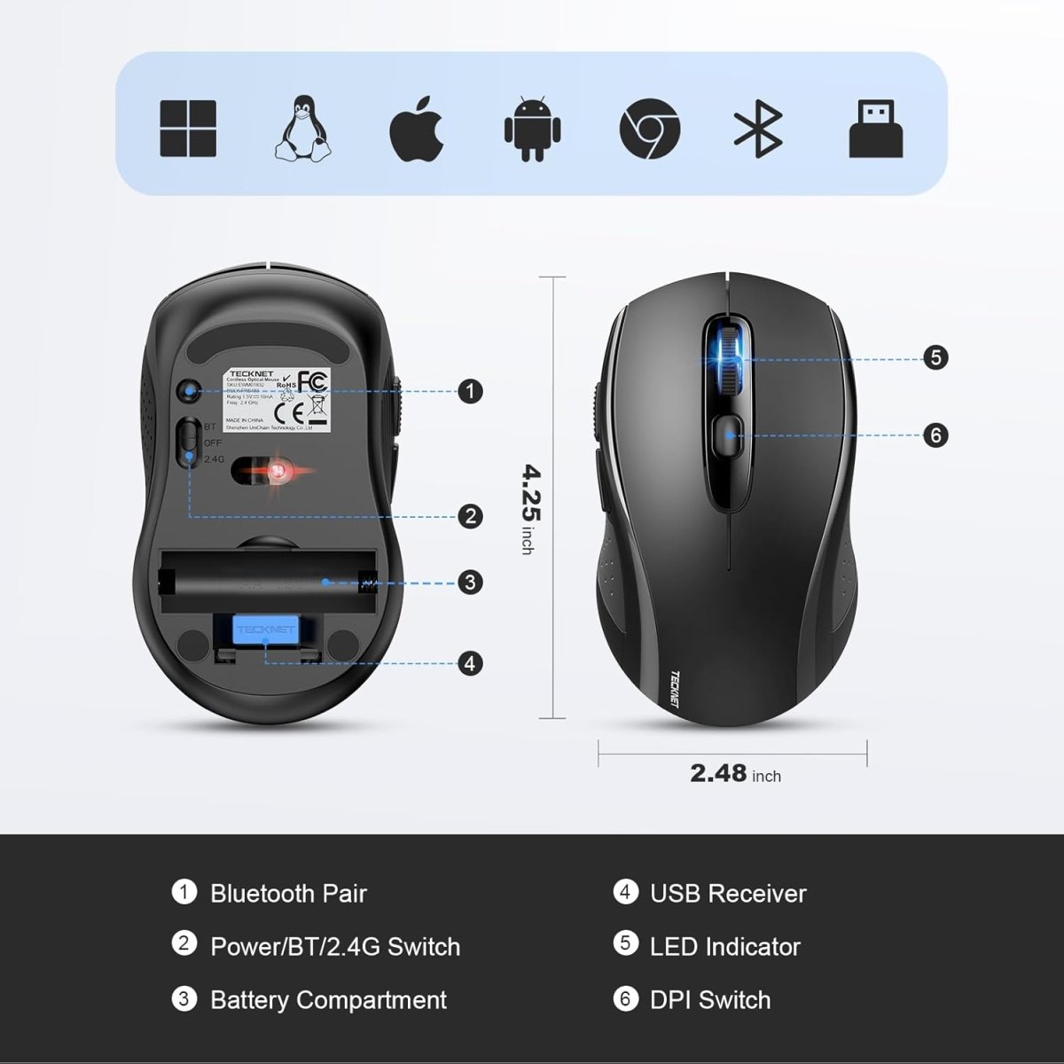 TECKNETTECKNET Bluetooth Mouse, 4000DPI Wireless Mice for Laptop 2 - in - 1(BT 5.0/3.0+2.4Ghz) Computer Portable PC Mouse Wireless with USB Receiver for Mac (USB - A+Bluetooth, Black) - [Color/Material] [Main Feature] for [Target Device/Scenario]