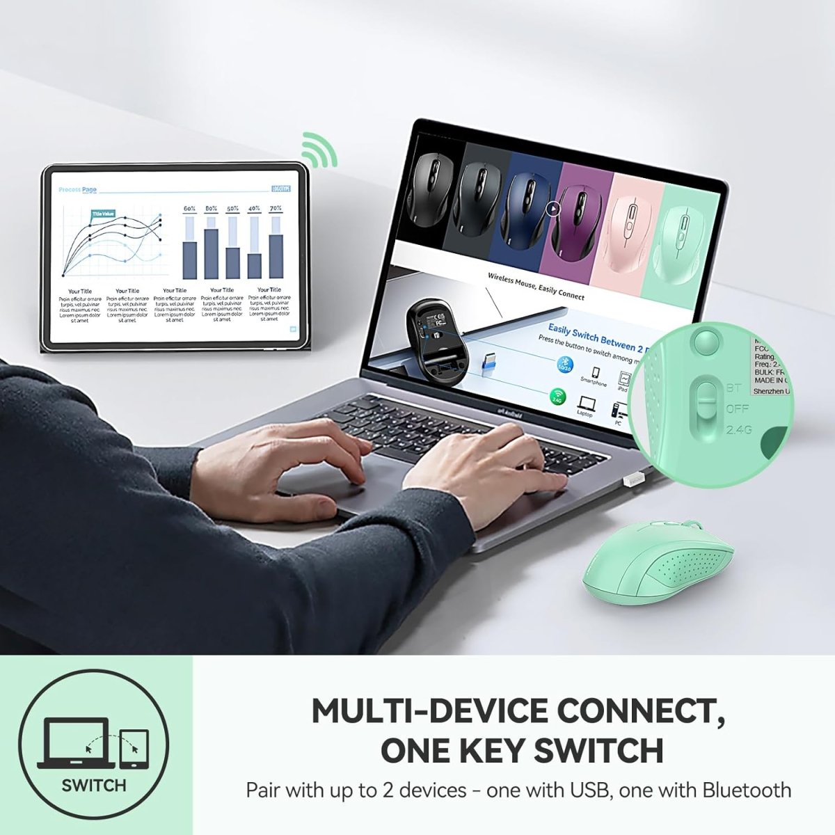 TECKNETTECKNET Bluetooth Mouse, 4000DPI Wireless Mice for Laptop 2 - in - 1(BT 5.0/3.0+2.4Ghz) Computer Portable PC Mouse Wireless with USB Receiver for Mac (USB - A+Bluetooth, Green) - [Color/Material] [Main Feature] for [Target Device/Scenario]