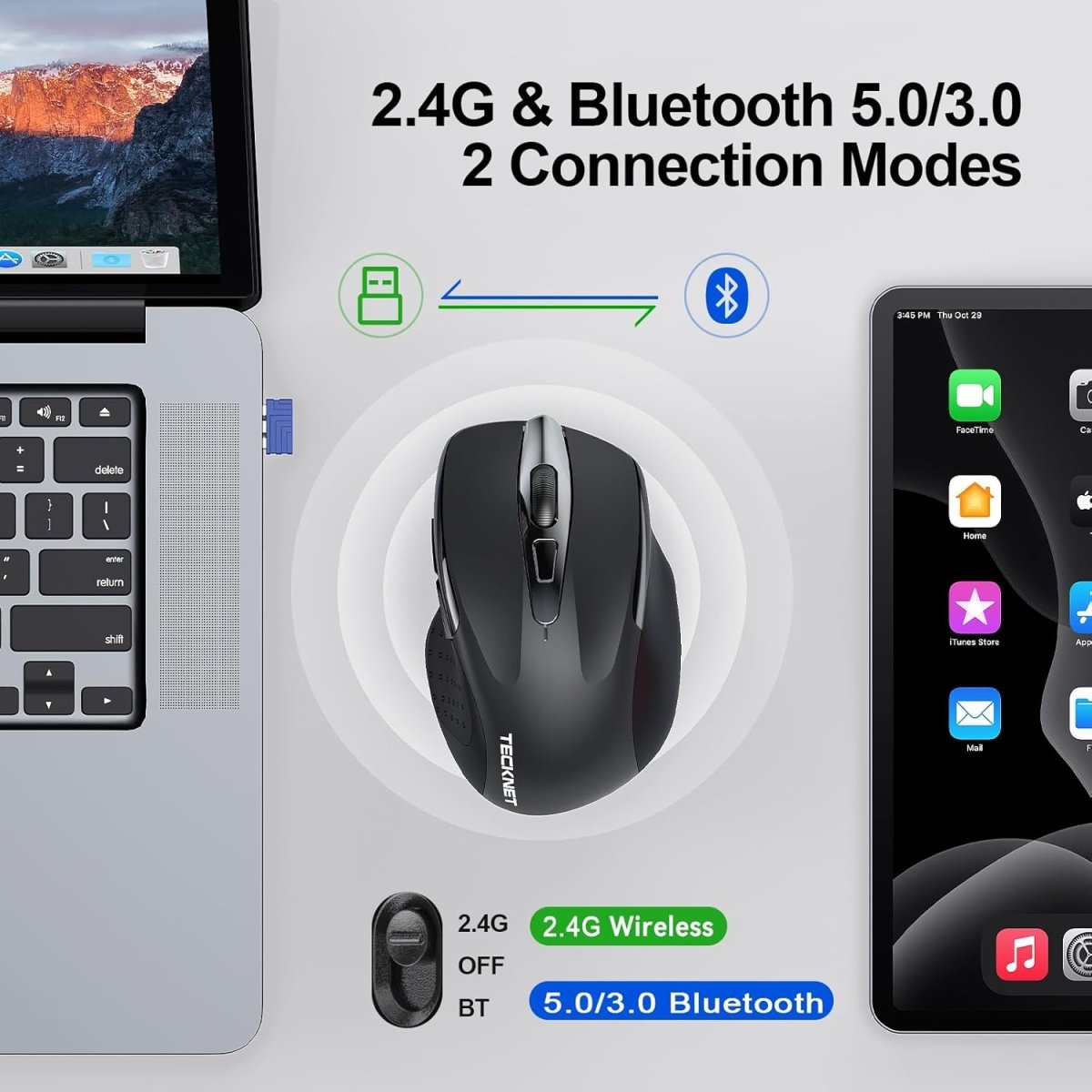 TECKNETTECKNET Bluetooth Mouse, 4800DPI Wireless Mouse Computer Silent Click USB Mice Bluetooth 3.0/5.0 and 2.4GHz Connectivity with 6 Adjustable DPI, 30 Months Battery Life Cordless Mouse for Laptop - [Color/Material] [Main Feature] for [Target Device/Scenario]
