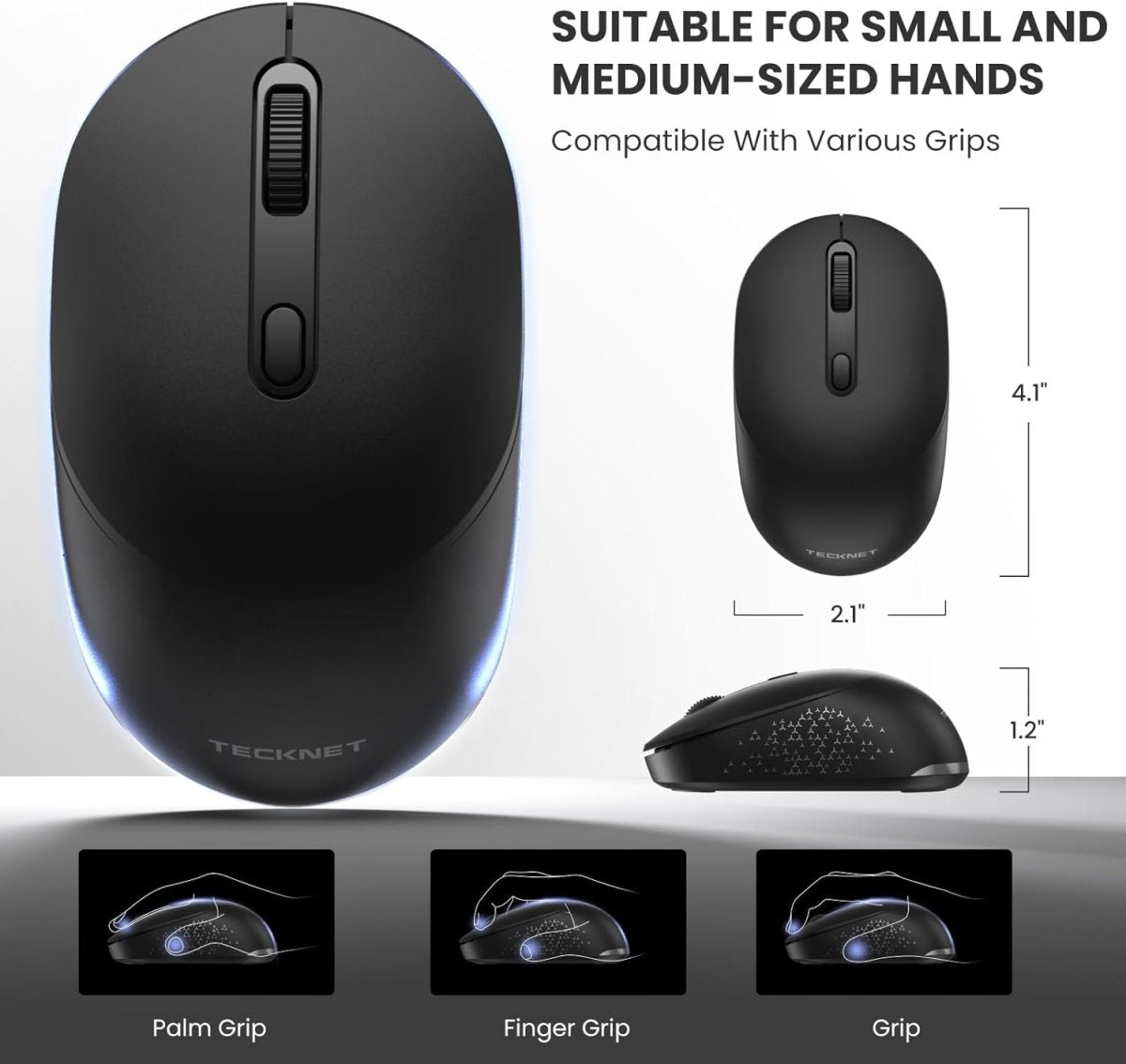 TECKNETTECKNET Bluetooth Wireless Mouse, Bluetooth 5.2 & 2.4G USB - A Receiver, Compact & Portable, Silent Click, Ergonomic Symmetrical Design, 18 - Month Battery, Adjustable DPI, Wide Compatibility - Black