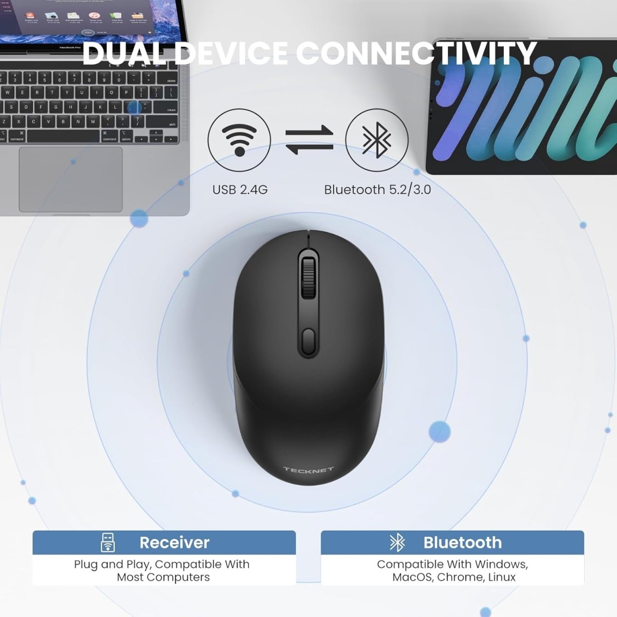 TECKNETTECKNET Bluetooth Wireless Mouse, Bluetooth 5.2 & 2.4G USB - A Receiver, Compact & Portable, Silent Click, Ergonomic Symmetrical Design, 18 - Month Battery, Adjustable DPI, Wide Compatibility - Black