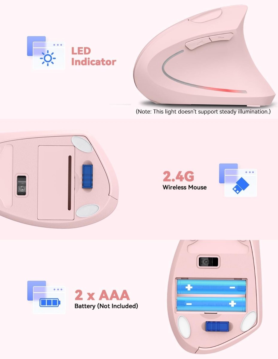 TECKNETTECKNET Ergonomic Mouse, Rechargeable 2.4G+Bluetooth Vertical Mice 6 DPI Adjustable, Wireless Optical Carpal Tunnel Mouse Right Hand, Multi Device for Laptop, PC, Computer, MacBook, iPad - Pink - [Color/Material] [Main Feature] for [Target Device/Scenario]