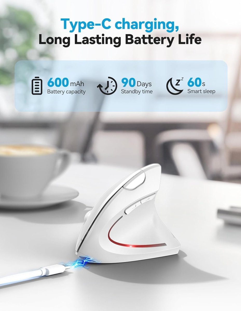 TECKNETTECKNET Ergonomic Mouse, Rechargeable 2.4G+Bluetooth Vertical Mice 6 DPI Adjustable, Wireless Optical Carpal Tunnel Mouse Right Hand, Multi Device for Laptop, PC, Computer, MacBook, iPad - White - [Color/Material] [Main Feature] for [Target Device/Scenario]