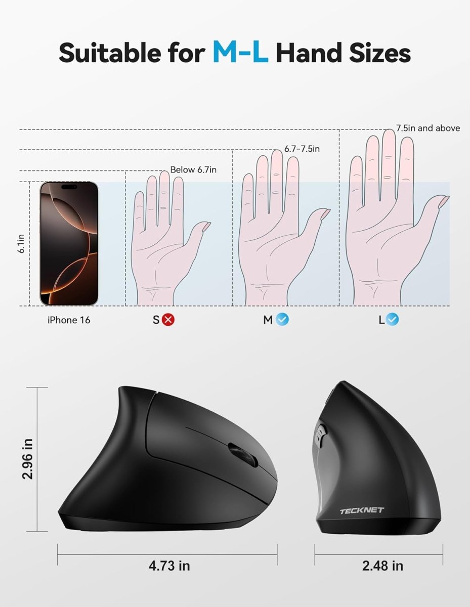 TECKNETTECKNET Ergonomic Mouse, Rechargeable 2.4G+Bluetooth Vertical Mice 6 DPI Adjustable, Wireless Optical Carpal Tunnel Mouse Right Hand, Multi Device for Laptop, PC, Computer, MacBook, iPad - Black - [Color/Material] [Main Feature] for [Target Device/Scenario]