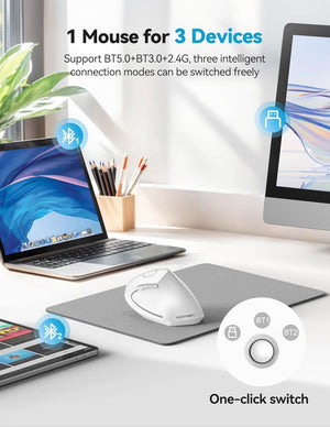 TECKNETTECKNET Ergonomic Mouse, Rechargeable 2.4G+Bluetooth Vertical Mice 6 DPI Adjustable, Wireless Optical Carpal Tunnel Mouse Right Hand, Multi Device for Laptop, PC, Computer, MacBook, iPad - White - [Color/Material] [Main Feature] for [Target Device/Scenario]