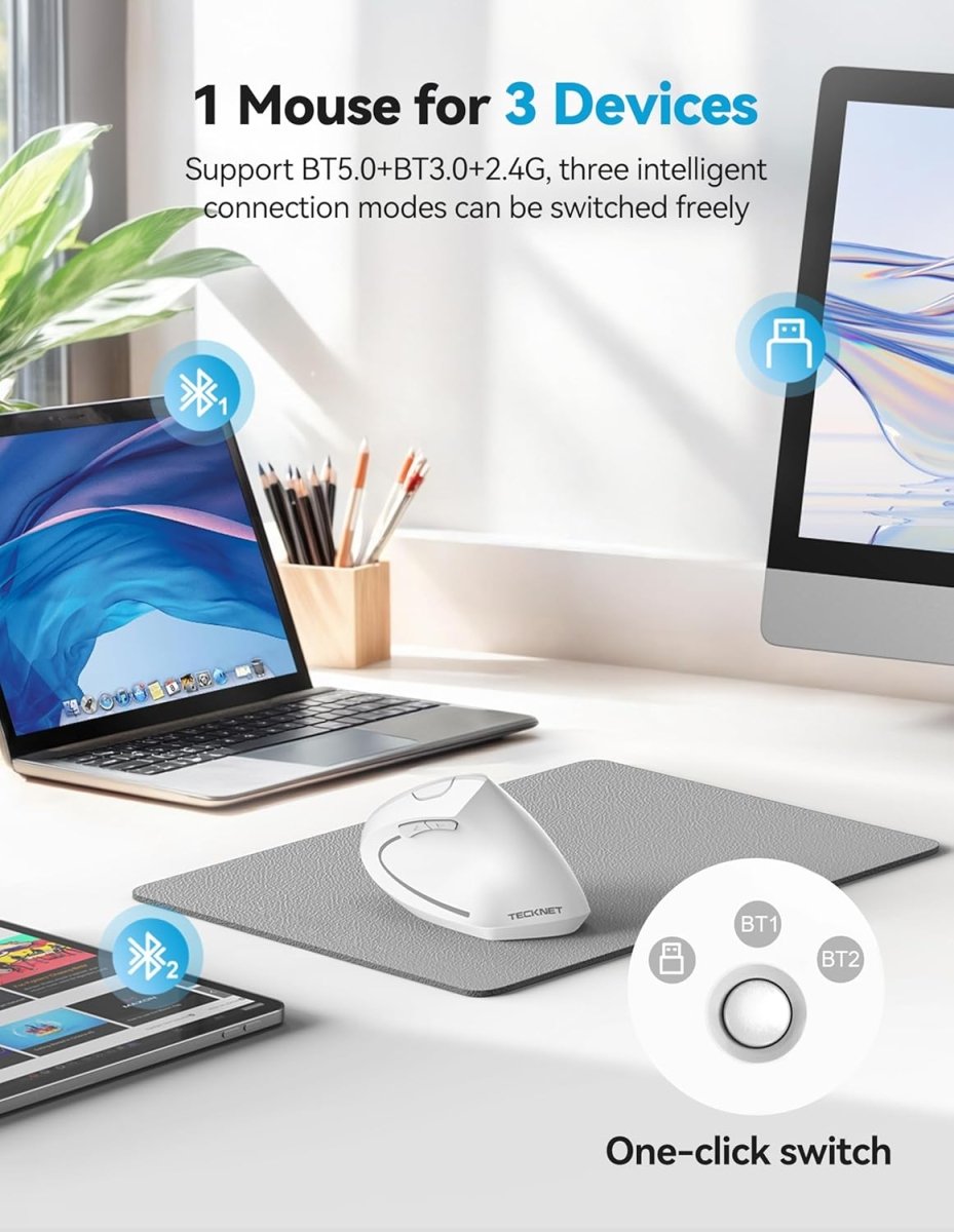 TECKNETTECKNET Ergonomic Mouse, Rechargeable 2.4G+Bluetooth Vertical Mice 6 DPI Adjustable, Wireless Optical Carpal Tunnel Mouse Right Hand, Multi Device for Laptop, PC, Computer, MacBook, iPad - White - [Color/Material] [Main Feature] for [Target Device/Scenario]