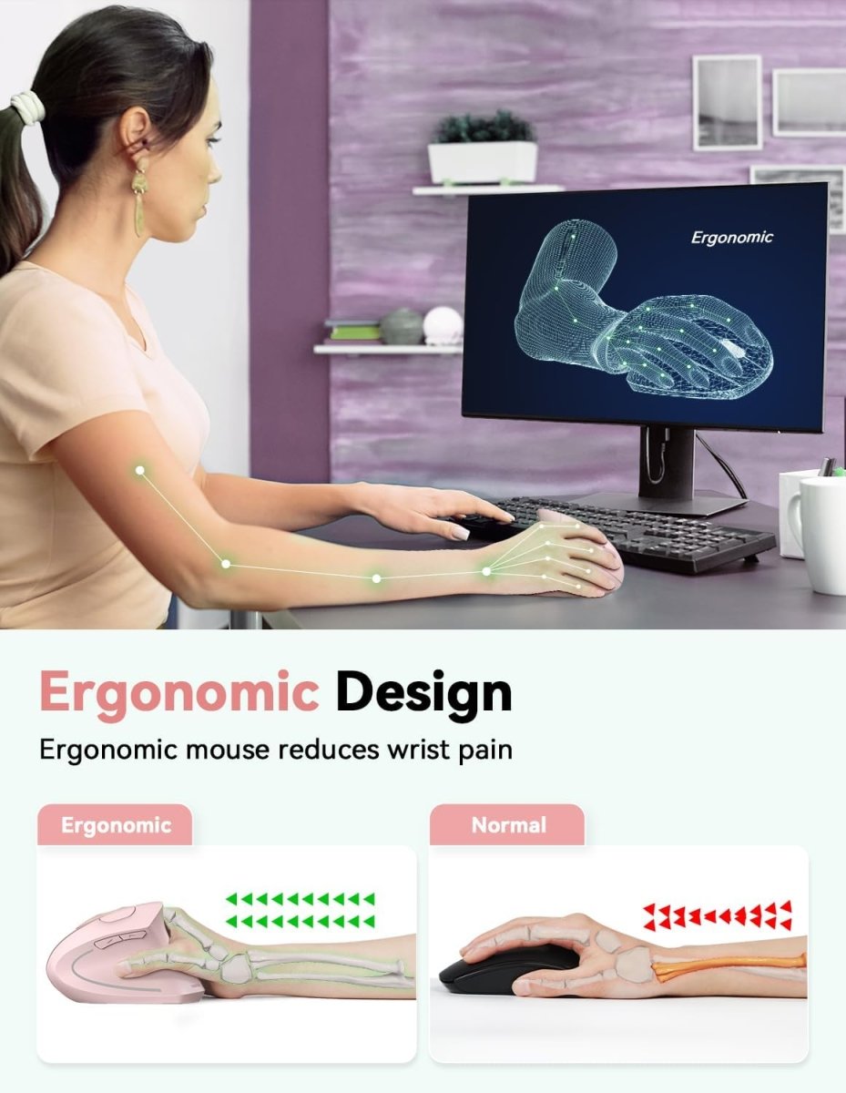 TECKNETTECKNET Ergonomic Mouse, Rechargeable 2.4G+Bluetooth Vertical Mice 6 DPI Adjustable, Wireless Optical Carpal Tunnel Mouse Right Hand, Multi Device for Laptop, PC, Computer, MacBook, iPad - Pink - [Color/Material] [Main Feature] for [Target Device/Scenario]