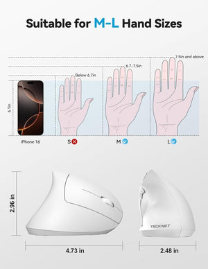 TECKNETTECKNET Ergonomic Mouse, Rechargeable 2.4G+Bluetooth Vertical Mice 6 DPI Adjustable, Wireless Optical Carpal Tunnel Mouse Right Hand, Multi Device for Laptop, PC, Computer, MacBook, iPad - White - [Color/Material] [Main Feature] for [Target Device/Scenario]