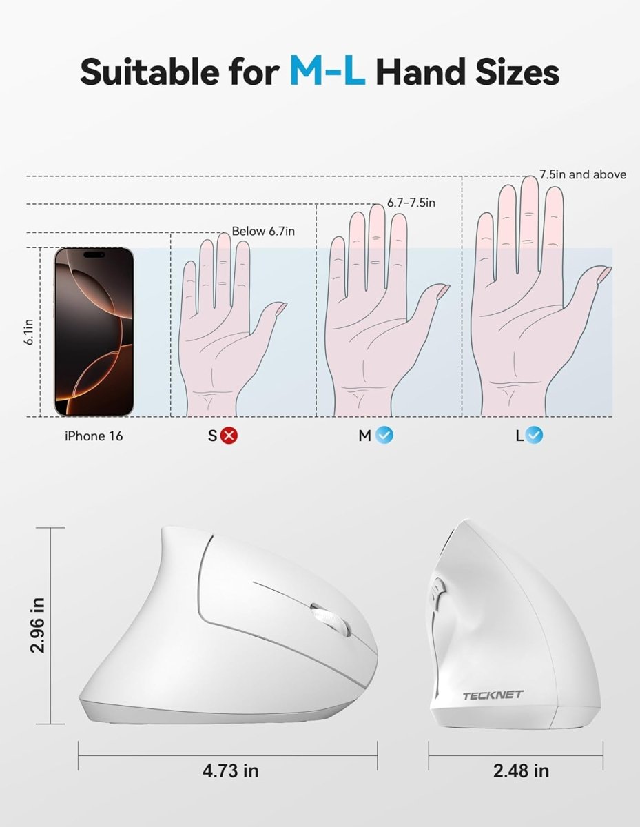TECKNETTECKNET Ergonomic Mouse, Rechargeable 2.4G+Bluetooth Vertical Mice 6 DPI Adjustable, Wireless Optical Carpal Tunnel Mouse Right Hand, Multi Device for Laptop, PC, Computer, MacBook, iPad - White - [Color/Material] [Main Feature] for [Target Device/Scenario]