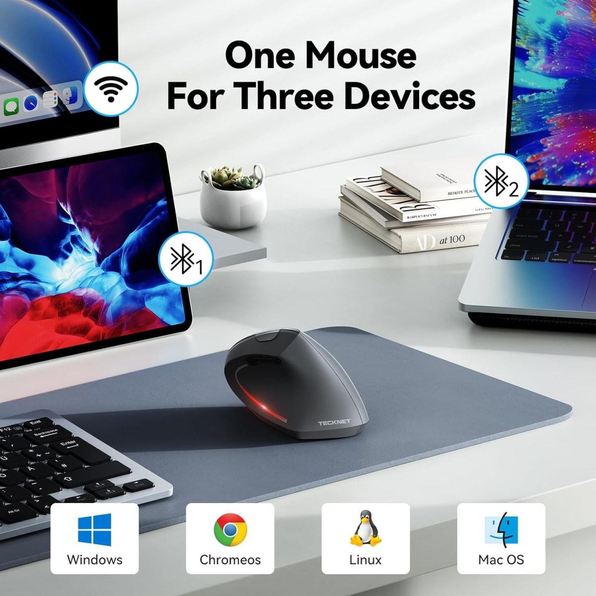TECKNETTECKNET Ergonomic Mouse, Wireless Bluetooth Vertical Mouse, 4800 DPI Optical Tracking, 6 Adjustable DPI, Quiet Clicks, 2.4GHz with USB A Receiver, 12 Months Battery, 6 Buttons, Wide Compatibility