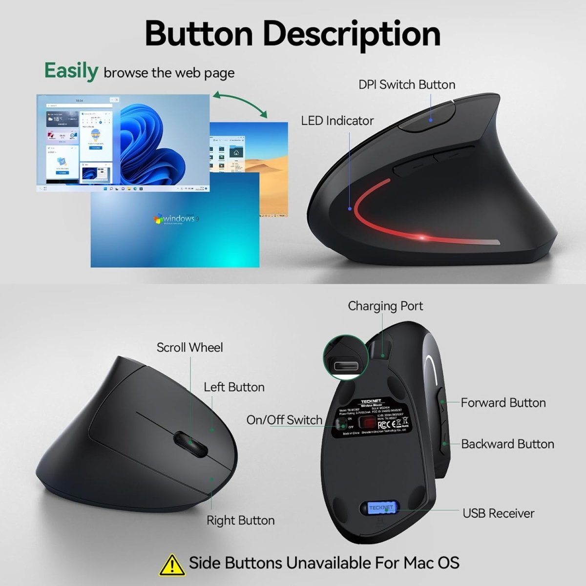 TECKNETTECKNET Ergonomic Mouse, Wireless Bluetooth Vertical Mouse, 4800 DPI Optical Tracking, 6 Adjustable DPI, Quiet Clicks, 2.4GHz with USB A Receiver, 12 Months Battery, 6 Buttons, Wide Compatibility - [Color/Material] [Main Feature] for [Target Device/Scenario]