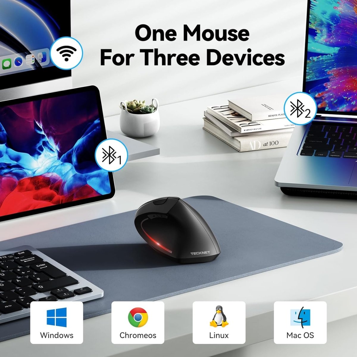 TECKNETTECKNET Ergonomic Mouse, Wireless Bluetooth Vertical Mouse, 4800 DPI Optical Tracking, 6 Adjustable DPI, Quiet Clicks, 2.4GHz with USB A Receiver, 12 Months Battery, 6 Buttons, Wide Compatibility - [Color/Material] [Main Feature] for [Target Device/Scenario]