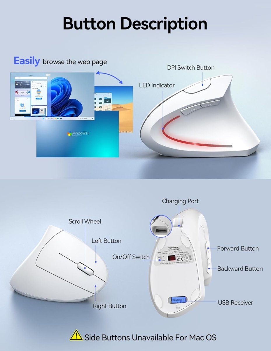 TECKNETTECKNET Ergonomic Mouse Wireless, Rechargeable Mouse Silent for Carpal Tunnel Right Hand, 2.4GHz USB Vertical Mouse Wireless for Laptop, 5 Adjustable 4800 DPI, Computer, MacBook, Desktop - [Color/Material] [Main Feature] for [Target Device/Scenario]