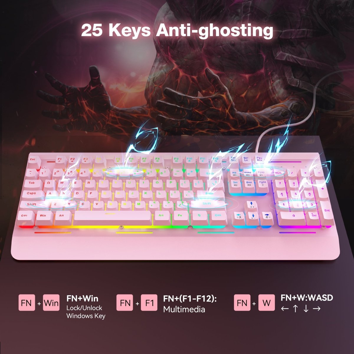TECKNETTECKNET Gaming Keyboard, USB Wired Computer Keyboard, 15 - Zone RGB Illumination, IP32 Water Resistance, 25 Anti - ghosting Keys, All - Metal Panel (Whisper Quiet Gaming Switch) - [Color/Material] [Main Feature] for [Target Device/Scenario]