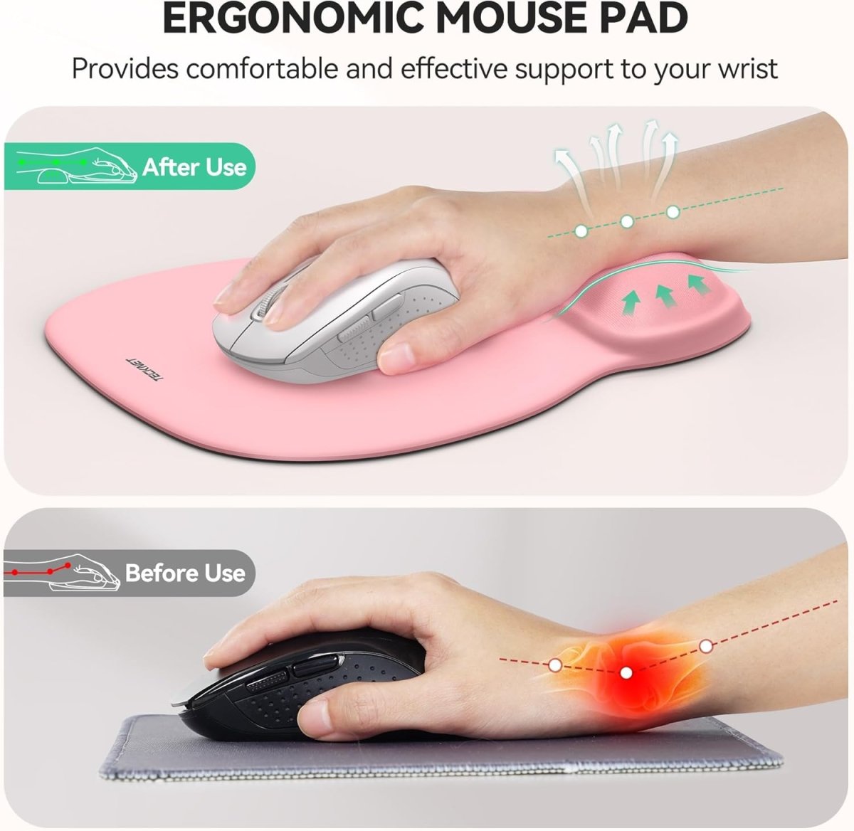 TECKNETTECKNET Gel Mouse Pad with Wrist Rest, Ergonomic Office Mousepad with Wrist Support - Non - Slip & Smooth Surface Comfortable Desk Accessories Mat for Office, Gaming and Study - Pink - [Color/Material] [Main Feature] for [Target Device/Scenario]