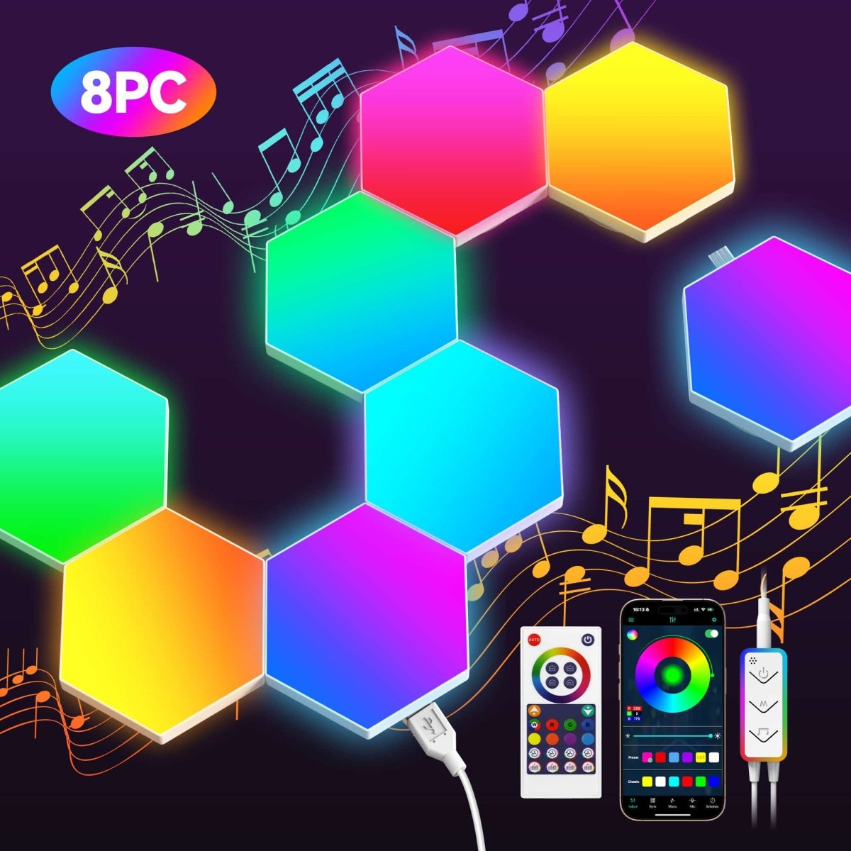 TECKNETTECKNET Hexagon LED Lights,8 Pack RGB Gaming Hex Wall Light Panels Sync to Music,Smart Lights with APP & Remote & Wired Control - [Color/Material] [Main Feature] for [Target Device/Scenario]