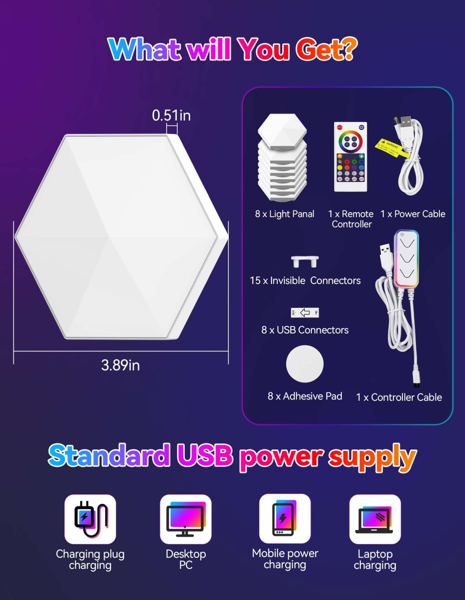 TECKNETTECKNET Hexagon LED Lights,8 Pack RGB Gaming Hex Wall Light Panels Sync to Music,Smart Lights with APP & Remote & Wired Control - [Color/Material] [Main Feature] for [Target Device/Scenario]