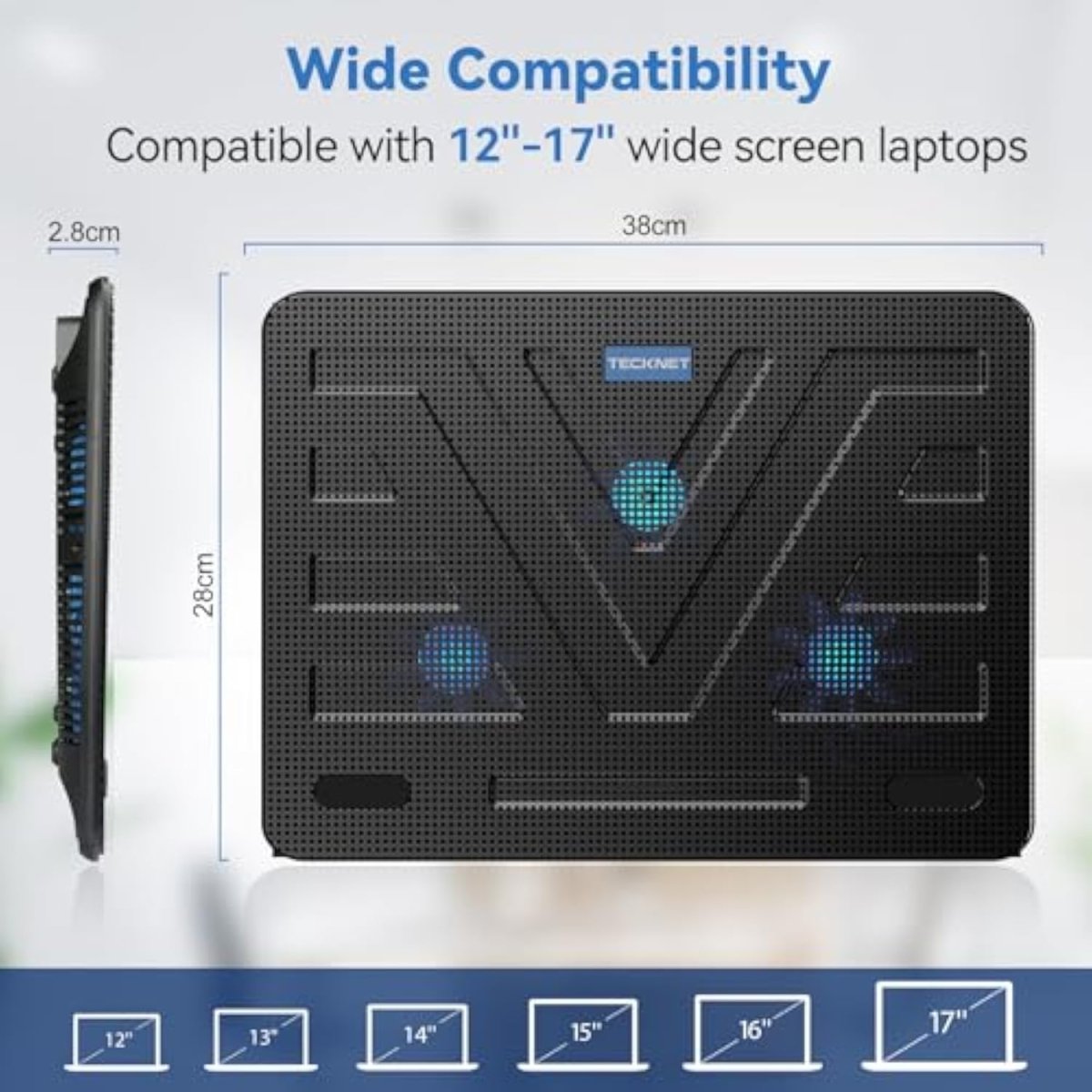 TECKNETTECKNET Laptop Cooling Pad, Portable Slim Quiet USB Powered Laptop Notebook Cooler Cooling Pad Stand Chill Mat with 3 Blue LED Fans, Fits 12 - 17 Inches - [Color/Material] [Main Feature] for [Target Device/Scenario]
