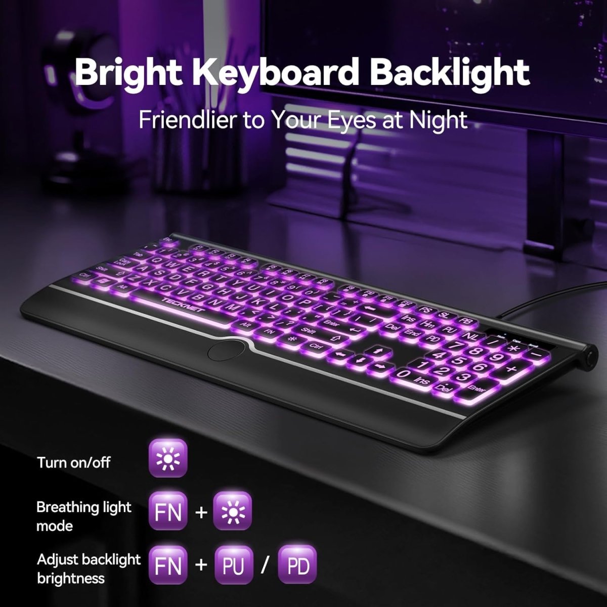TECKNETTECKNET Large Print Backlit Keyboard, Wired - [Color/Material] [Main Feature] for [Target Device/Scenario]