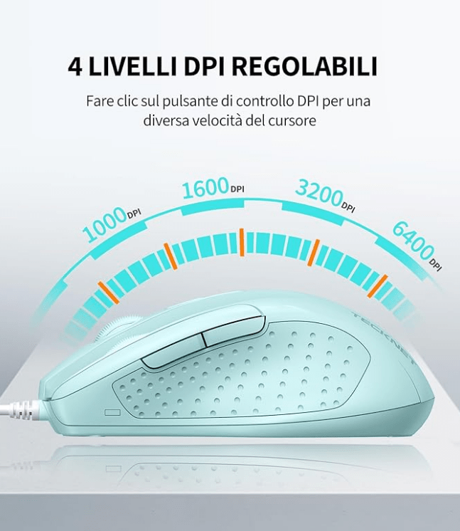 TECKNETTECKNET PRO Mouse con Filo, 6400DPI Mouse Ottico con USB Cablato, 6 Pulsanti, Cavo USB 1.5M, Mouse per Computer o Laptop - Grigio - [Color/Material] [Main Feature] for [Target Device/Scenario]
