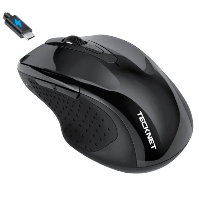 TECKNET rechargeable jiggler wireless mouse with dual bluetooth and 2.4G connectivity. Features 4800 DPI silent tracking and 6 buttons for laptop or PC setup.
