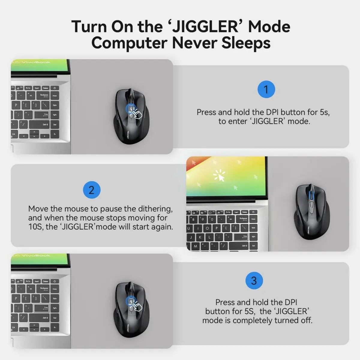 TECKNET rechargeable jiggler wireless mouse with dual bluetooth and 2.4G connectivity. Features 4800 DPI silent tracking and 6 buttons for laptop or PC setup.