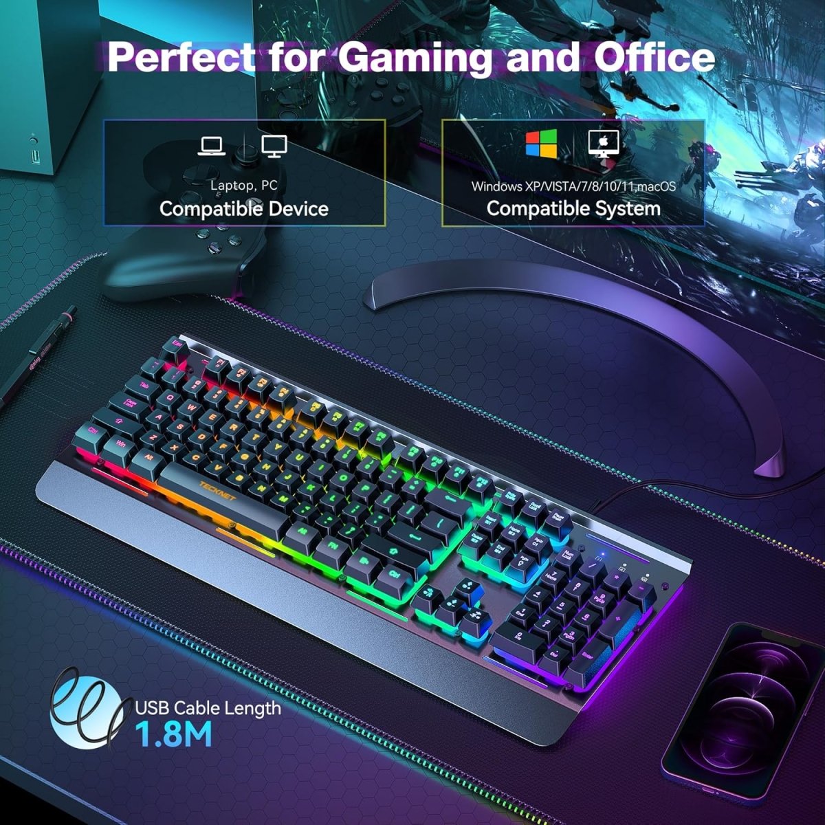 TECKNETTECKNET RGB Gaming Keyboard - [Color/Material] [Main Feature] for [Target Device/Scenario]