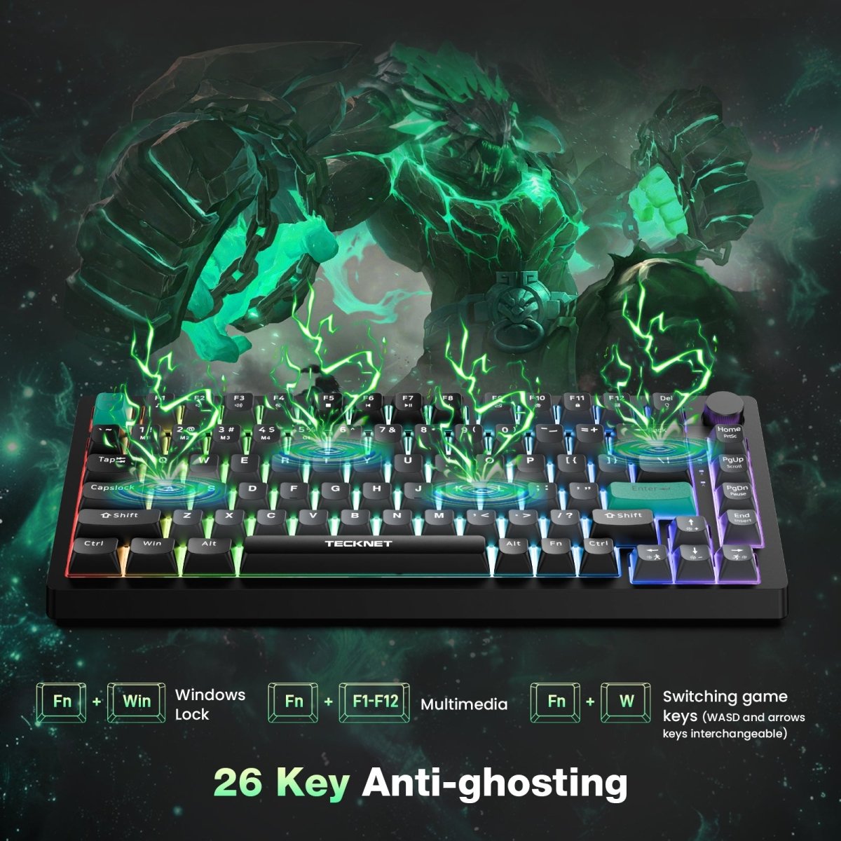 TECKNETTECKNET RGB Gaming Keyboard,Compact 83 Keys Wired Keyboard with Volumn Knob - [Color/Material] [Main Feature] for [Target Device/Scenario]