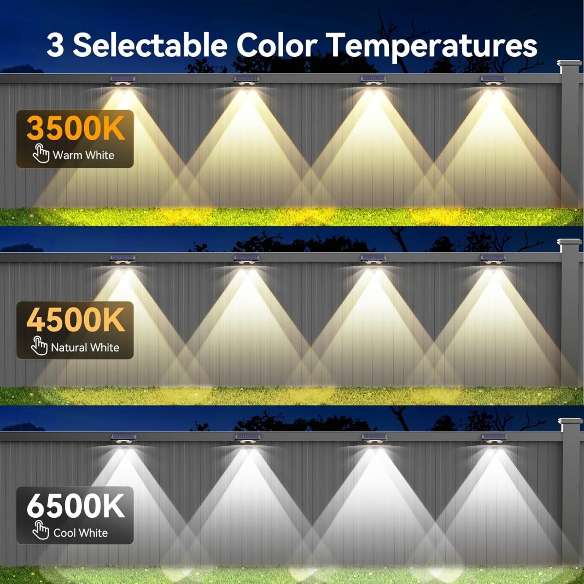 TECKNETTECKNET Solar Fence Lights Outdoor 3 Modes 3500K/4500K/6500K - [Color/Material] [Main Feature] for [Target Device/Scenario]
