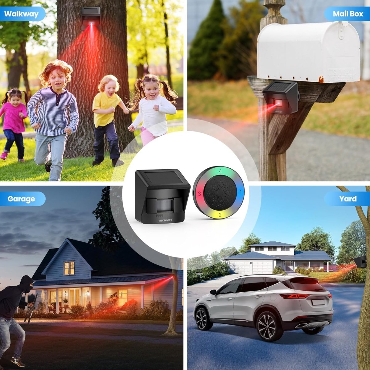 TECKNETTECKNET Solar Wireless Driveway Alarm with 2600FT Long Range & 36 Melodies & 5 Volumes and Supports 4 Zones Weatherproof Motion Sensor Alarm to Protect Inside/Outside Property (1 Receiver 1 Sensor) - [Color/Material] [Main Feature] for [Target Device/Scenario]