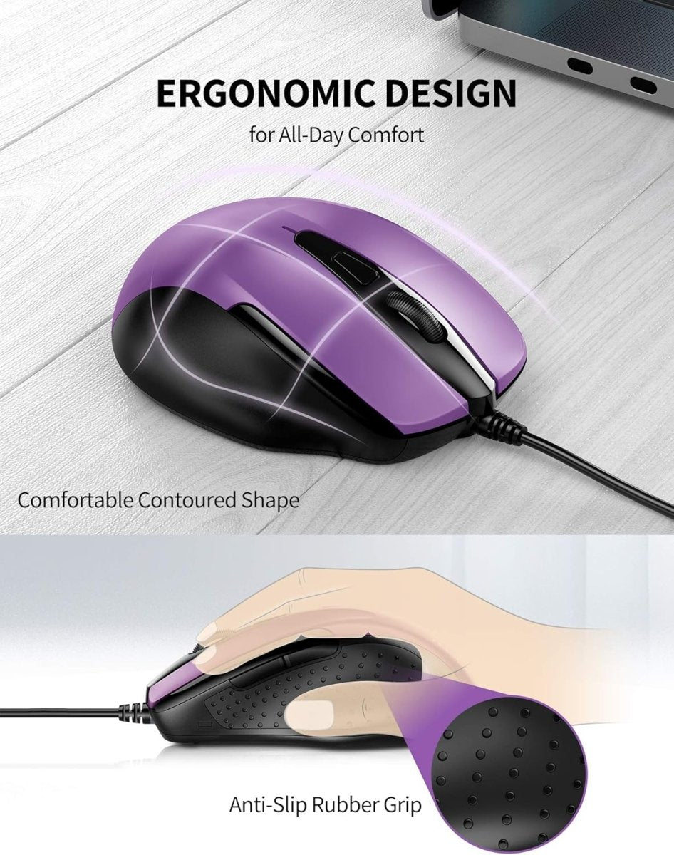 TECKNETTECKNET USB Wired 6 - Button Mouse With 4 Adjustable DPI, Optical Computer With Ergonomic Design and 5FT Cord for Laptop, Chromebook, PC, Desktop, Mac, Notebook - Purple - [Color/Material] [Main Feature] for [Target Device/Scenario]