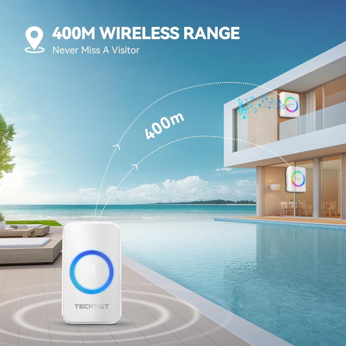 TECKNETTECKNET Waterproof 1300ft Range Wireless Doorbell Chimes - [Color/Material] [Main Feature] for [Target Device/Scenario]