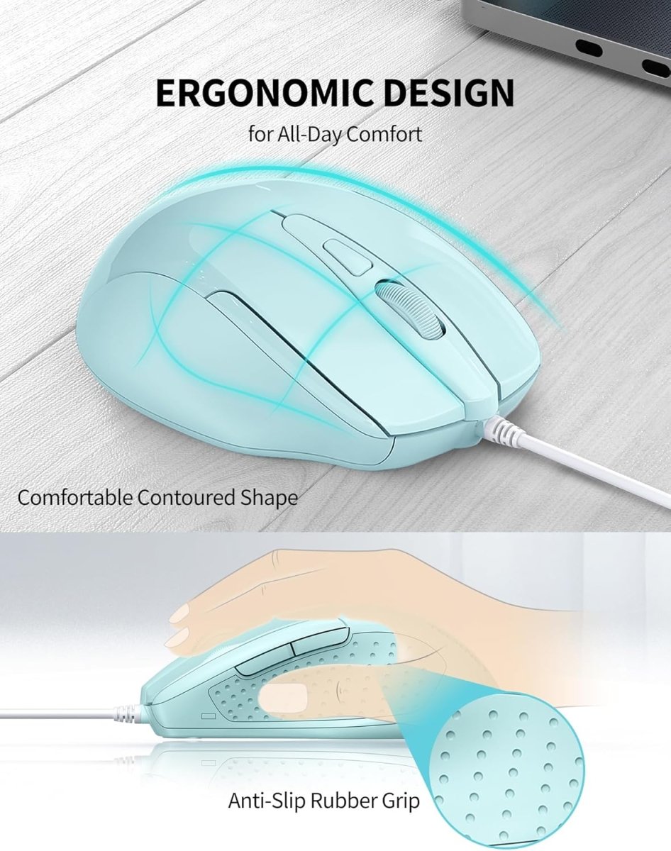 TECKNETTECKNET Wired Mouse, 6 - Button Corded with 4 Adjustable DPI, Ergonomic Optical Mouse, 5FT Cord for Laptop, Chromebook, PC, Desktop, Mac, Notebook - LT.Green - [Color/Material] [Main Feature] for [Target Device/Scenario]