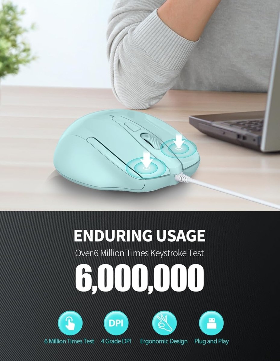 TECKNETTECKNET Wired Mouse, 6 - Button Corded with 4 Adjustable DPI, Ergonomic Optical Mouse, 5FT Cord for Laptop, Chromebook, PC, Desktop, Mac, Notebook - LT.Green - [Color/Material] [Main Feature] for [Target Device/Scenario]