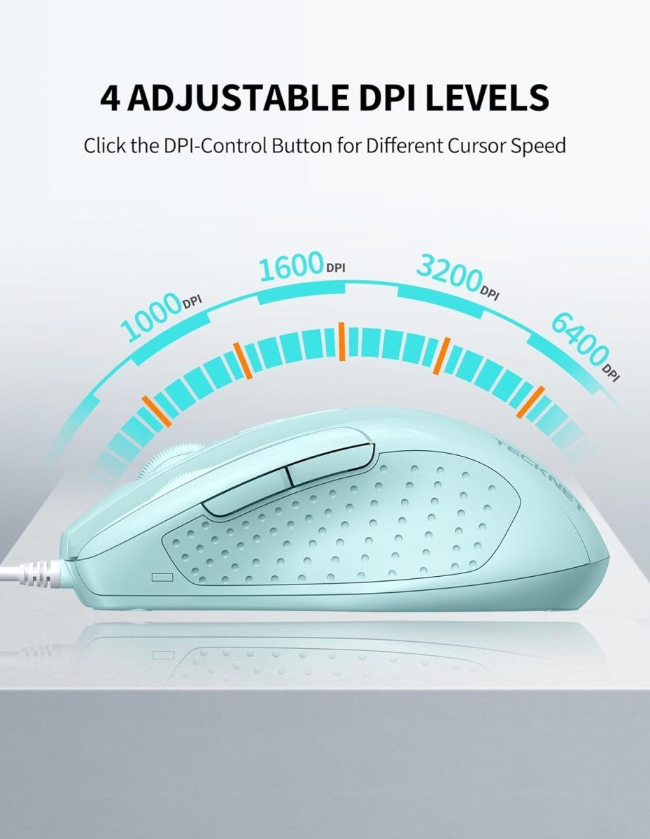 TECKNETTECKNET Wired Mouse, 6 - Button Corded with 4 Adjustable DPI, Ergonomic Optical Mouse, 5FT Cord for Laptop, Chromebook, PC, Desktop, Mac, Notebook - LT.Green - [Color/Material] [Main Feature] for [Target Device/Scenario]