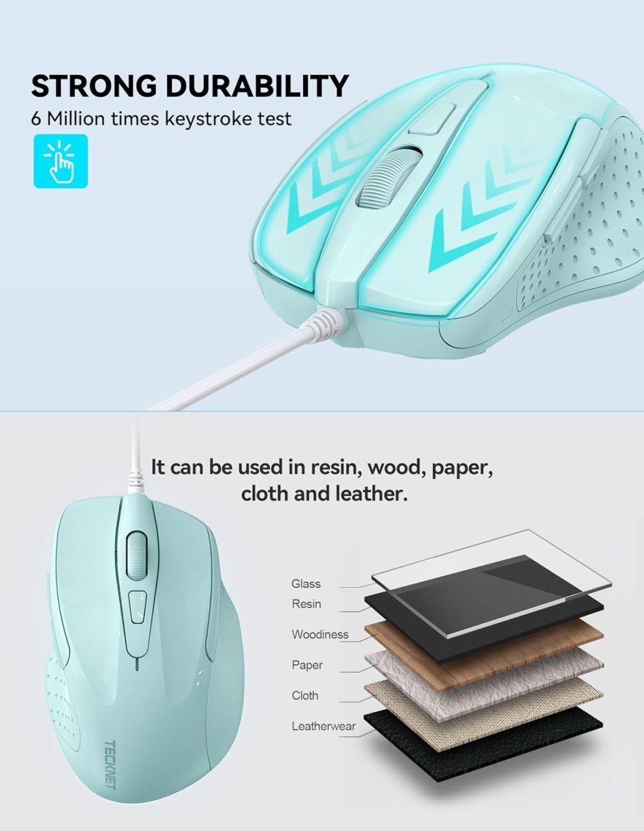 TECKNETTECKNET Wired Mouse, 6 - Button Corded with 4 Adjustable DPI, Ergonomic Optical Mouse, 5FT Cord for Laptop, Chromebook, PC, Desktop, Mac, Notebook - LT.Green - [Color/Material] [Main Feature] for [Target Device/Scenario]