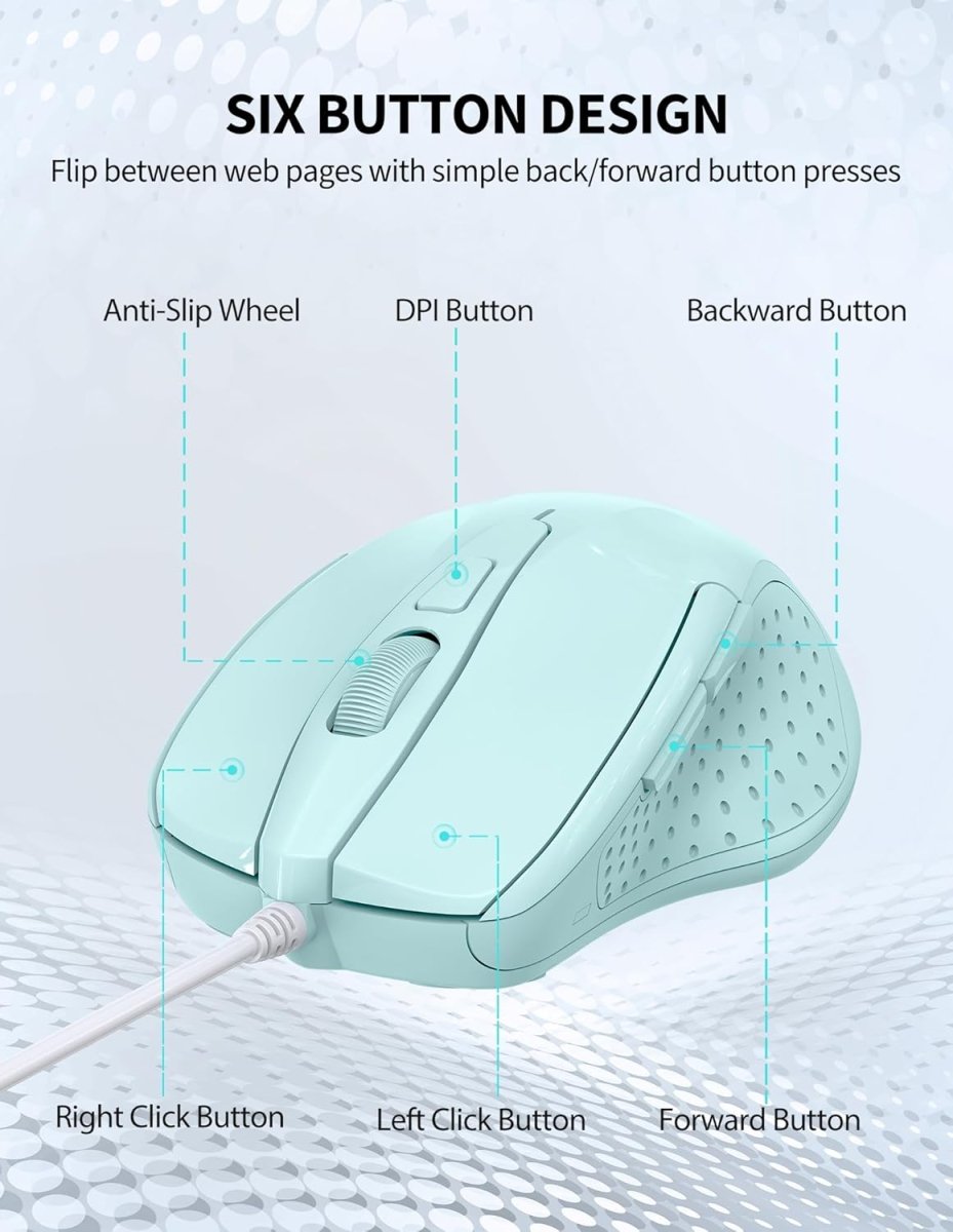 TECKNETTECKNET Wired Mouse, 6 - Button Corded with 4 Adjustable DPI, Ergonomic Optical Mouse, 5FT Cord for Laptop, Chromebook, PC, Desktop, Mac, Notebook - LT.Green - [Color/Material] [Main Feature] for [Target Device/Scenario]