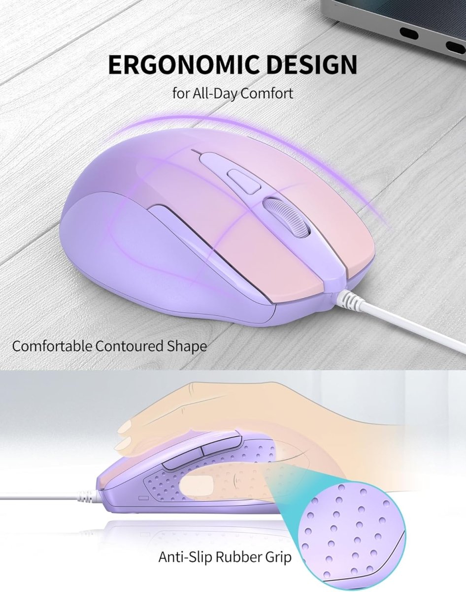 TECKNETTECKNET Wired Mouse, 6 - Button Corded with 4 Adjustable DPI, Optical Ergonomic Design, 5FT Cord for Laptop, Chromebook, PC, Desktop, Mac, Notebook - Gradient Lavender - [Color/Material] [Main Feature] for [Target Device/Scenario]