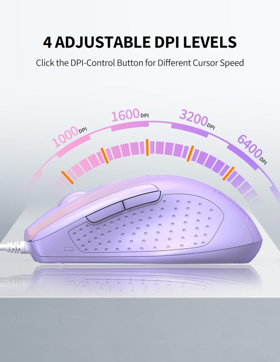 TECKNETTECKNET Wired Mouse, 6 - Button Corded with 4 Adjustable DPI, Optical Ergonomic Design, 5FT Cord for Laptop, Chromebook, PC, Desktop, Mac, Notebook - Gradient Lavender - [Color/Material] [Main Feature] for [Target Device/Scenario]