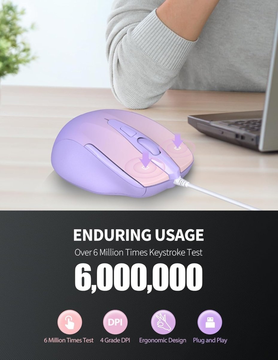TECKNETTECKNET Wired Mouse, 6 - Button Corded with 4 Adjustable DPI, Optical Ergonomic Design, 5FT Cord for Laptop, Chromebook, PC, Desktop, Mac, Notebook - Gradient Lavender - [Color/Material] [Main Feature] for [Target Device/Scenario]