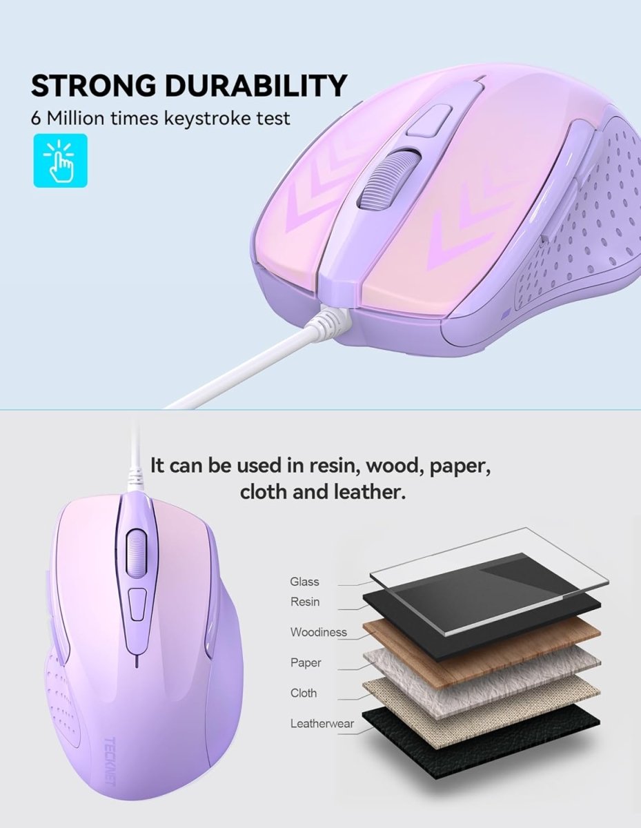 TECKNETTECKNET Wired Mouse, 6 - Button Corded with 4 Adjustable DPI, Optical Ergonomic Design, 5FT Cord for Laptop, Chromebook, PC, Desktop, Mac, Notebook - Gradient Lavender - [Color/Material] [Main Feature] for [Target Device/Scenario]